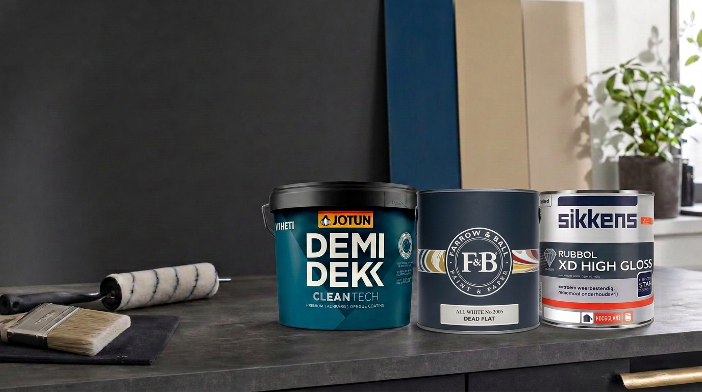 Jotun Demidekk Cleantech, Farrow & Ball Dead Flat en Sikkens Rubbol XD High Gloss